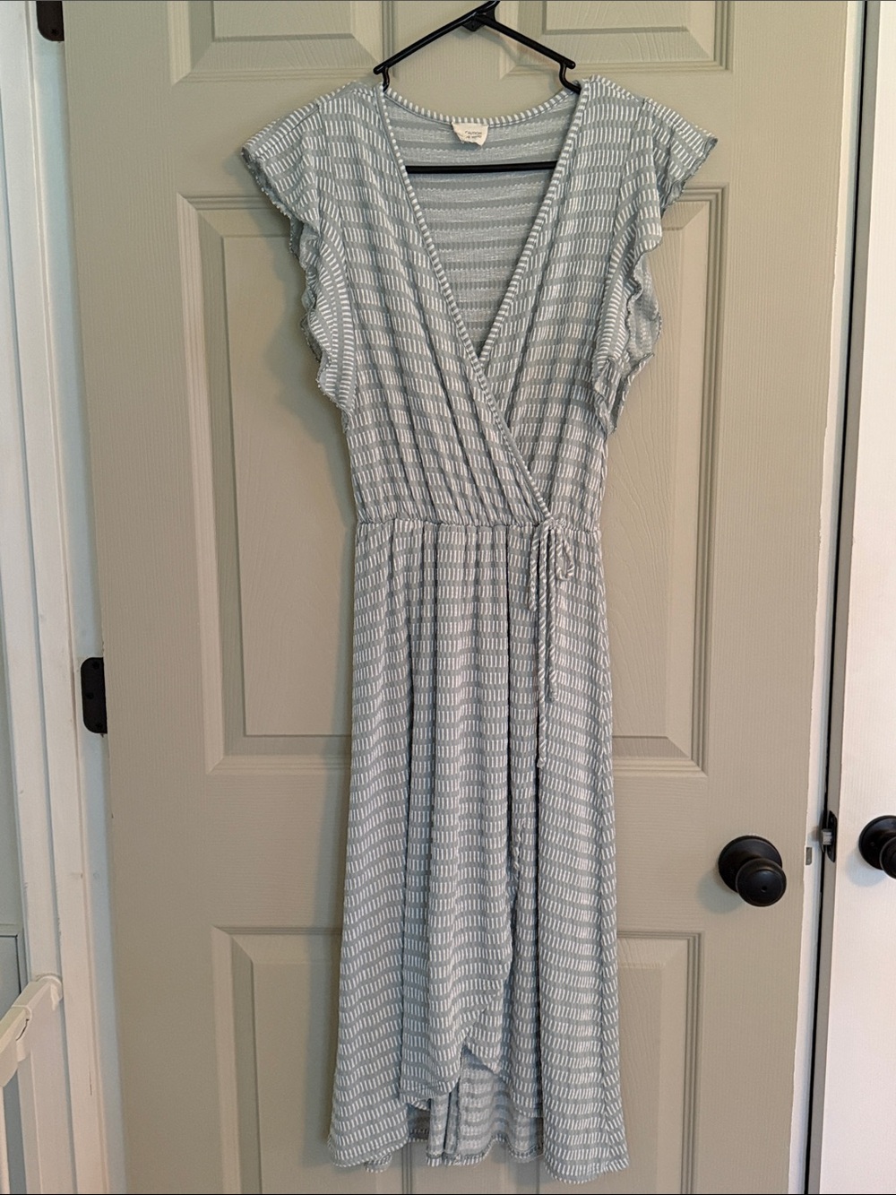 Caution to the Wind Faux Wrap Midi Dress Small Sage White Flutter Sleeve